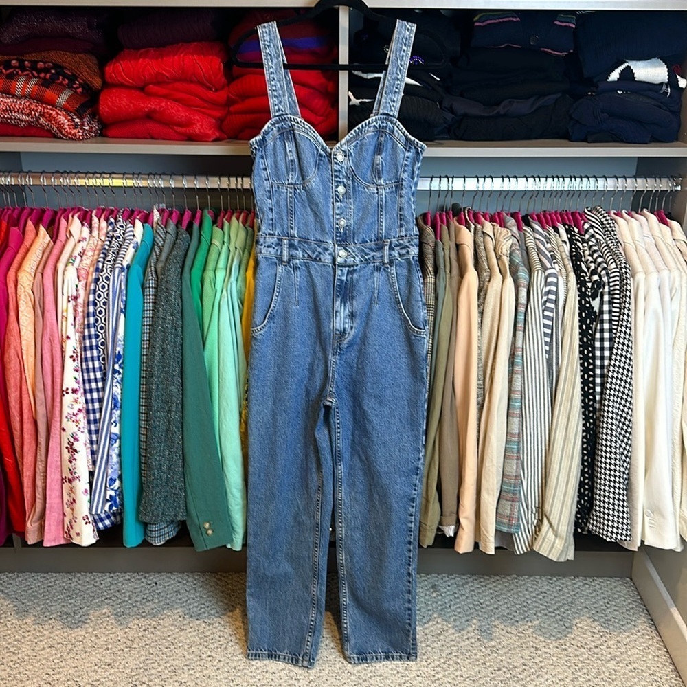 Free People blue sleeveless sweetheart neckline jeans jumpsuit size XS NWOT